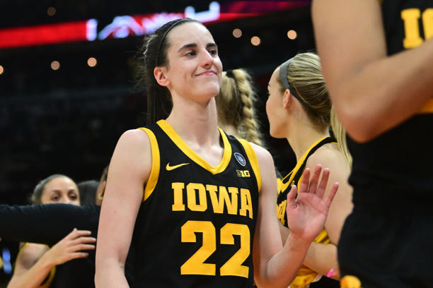 In 2024, in Cleveland, OH, USA, Iowa Hawkeyes guard Caitlin Clark (age 22) reacts following her team's victory over the South Carolina Gamecocks in the women's 2024 NCAA Tournament Final Four at Rocket Mortgage FieldHouse. 
© by Athlon Sports, Ken Blaze-USA TODAY Sports
